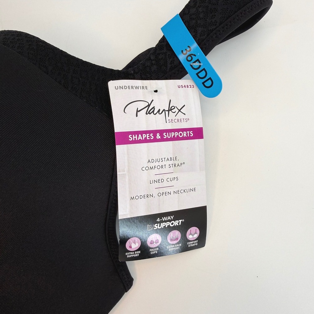 Playtex Secrets Shapes & Supports Black Underwire Bra 36DDD US4823 NEW - Picture 2 of 5